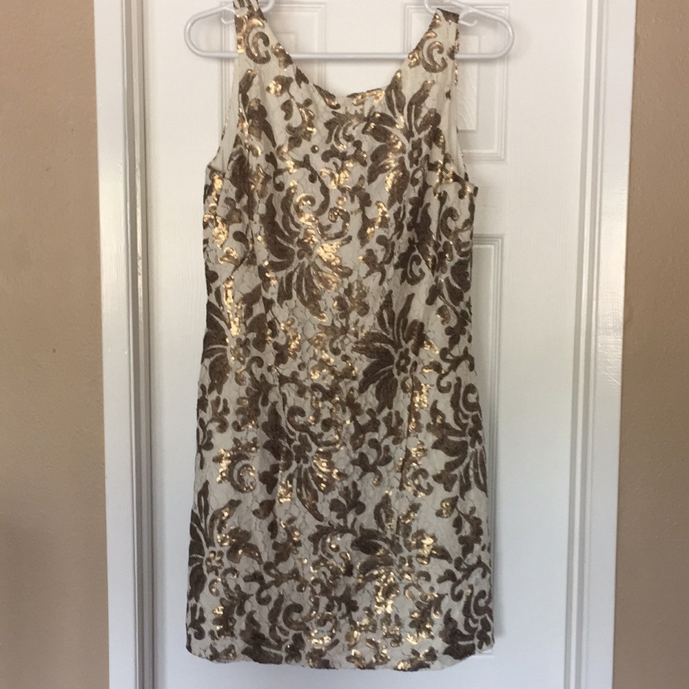 Ralph Lauren Ivory gold lace sequin cocktail dress